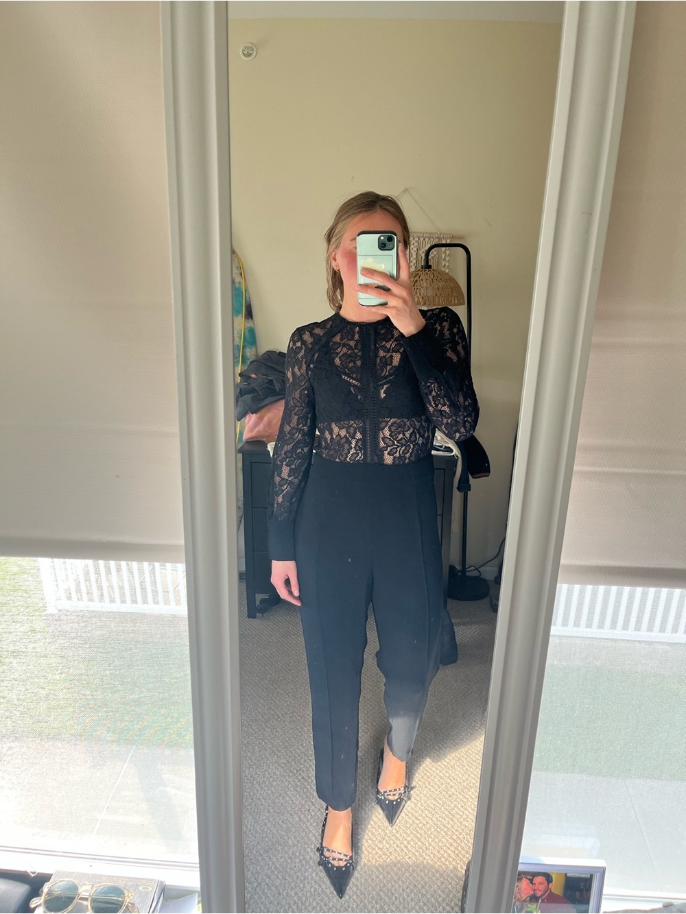 Zara Black Lace Long-Sleeve Straight-Leg Jumpsuit